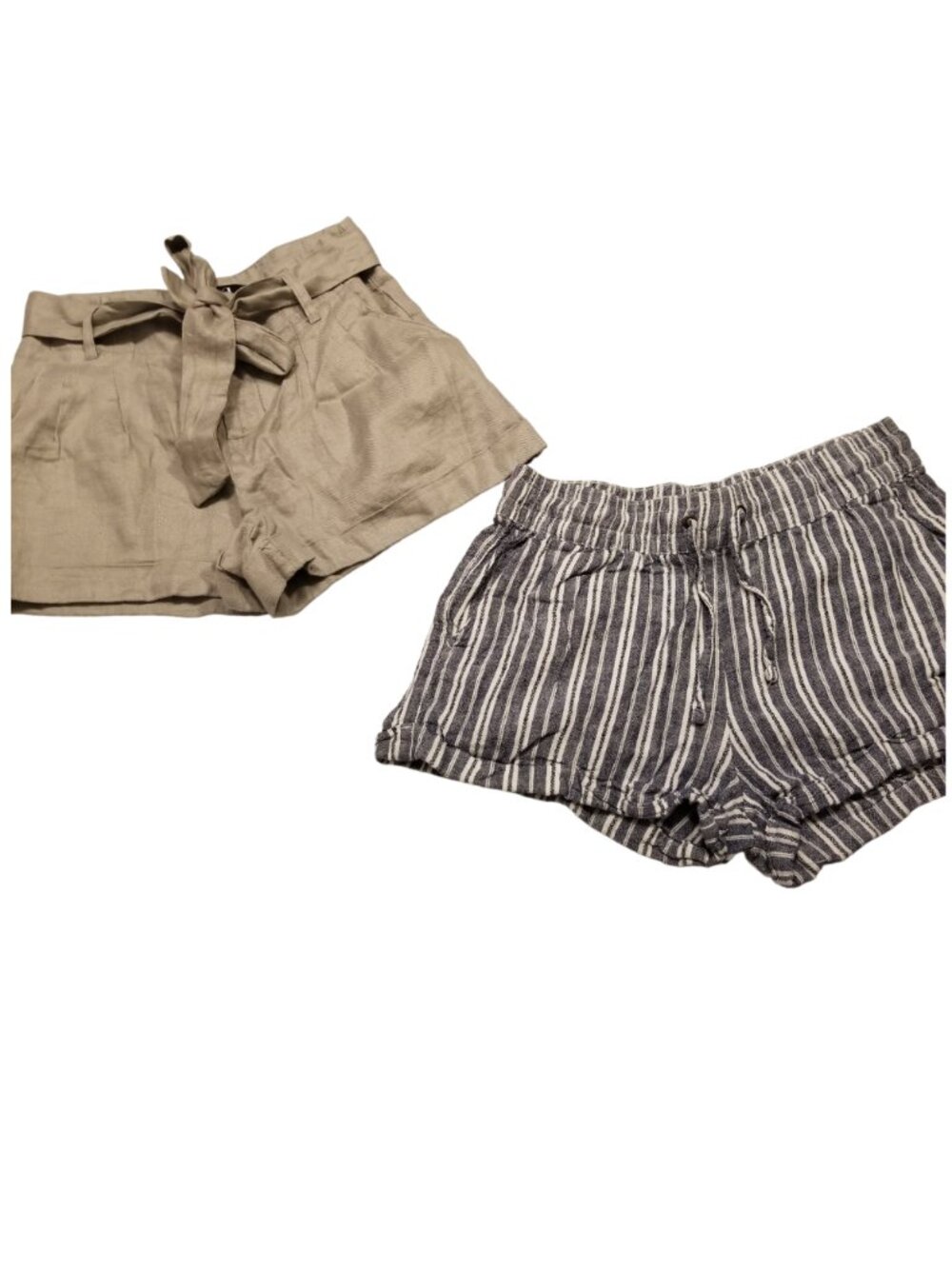 Set of 2 Small/XS Linen Shorts Blue/White Striped Shorts & Grey Paperbag Style